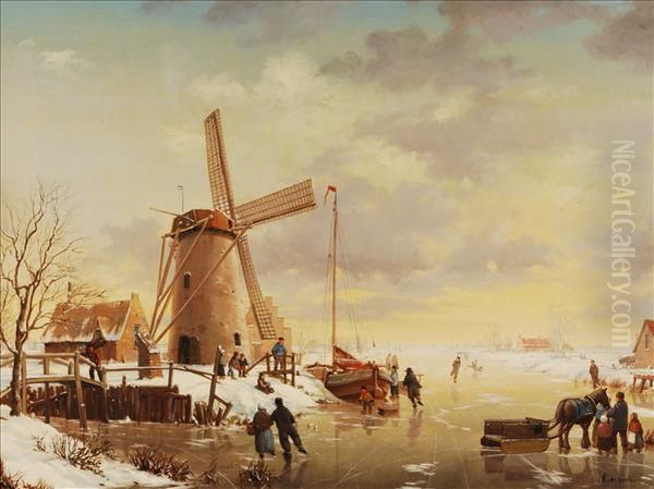 Figuresskating On A Frozen River By A Windmill Oil Painting by A. J. F. De Groote