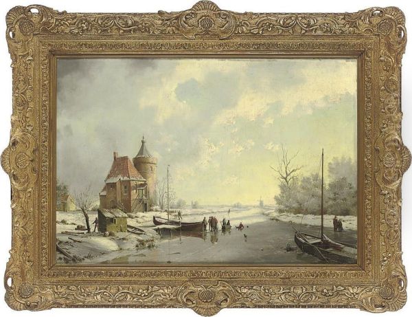 Figures On A Frozen River Oil Painting by A. J. F. De Groote