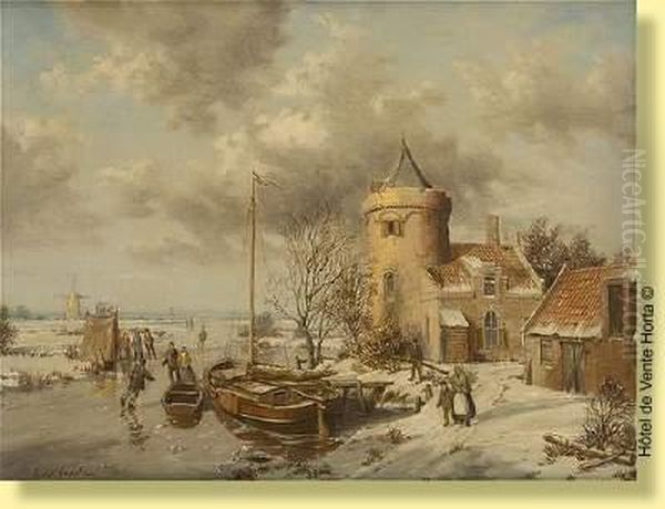 Patineurs Pres De La Tour Oil Painting by A. J. F. De Groote