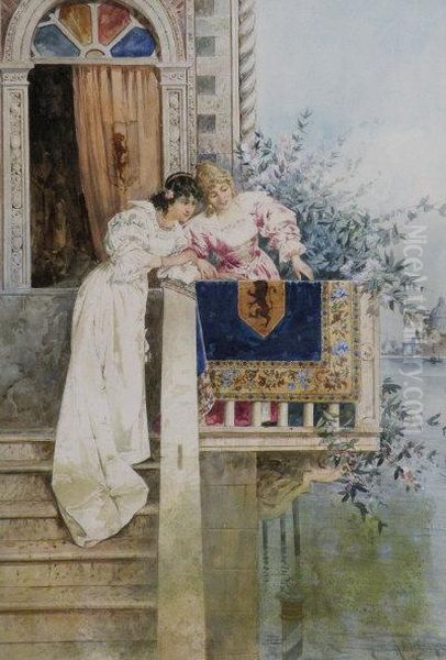 Ladies On A Balcony, Venice Oil Painting by Adelchi De Grossi