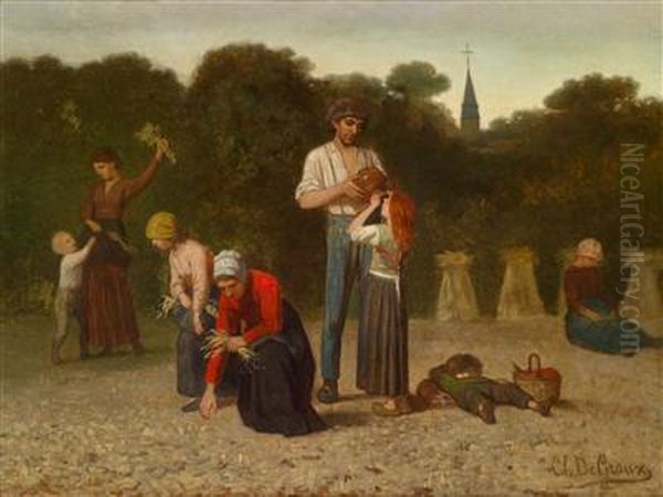 Bei Der Feldarbeit Oil Painting by Henri Jules Charles De Groux