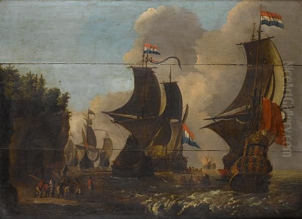 Sailors Disembarking From Men O'war, A Naval Battle In The Distance Oil Painting by Jacob De Gruyter