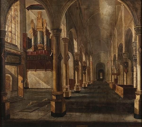 A Church Interior Oil Painting by Jacob De Gruyter