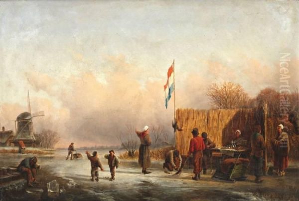 Winterlandschap Met Schaatsenrijders Bij Koek En Zopie Oil Painting by Willem De Haas Hemken