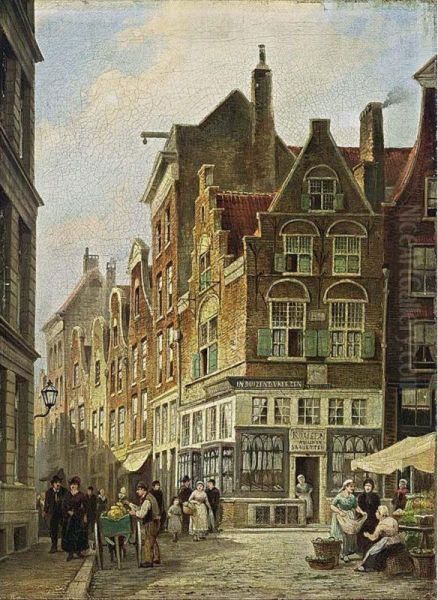 Townsfolk In The Streets Of Amsterdam Oil Painting by Willem De Haas Hemken