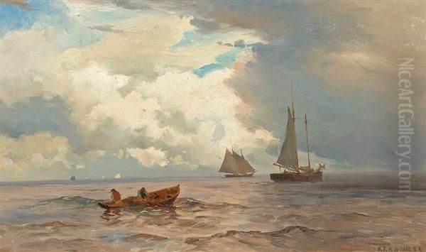 Ships Off A Coast Oil Painting by Mauritz F. H. de Haas