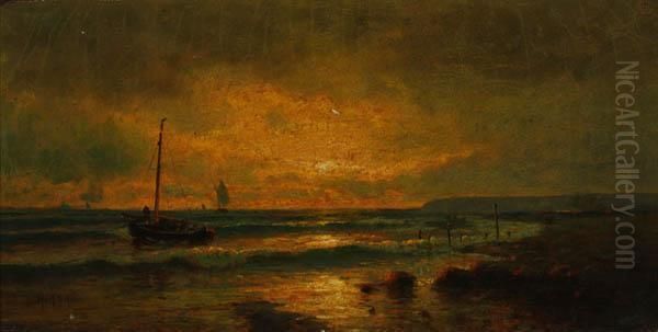 Sunset Coastal With Boats Oil Painting by Mauritz F. H. de Haas