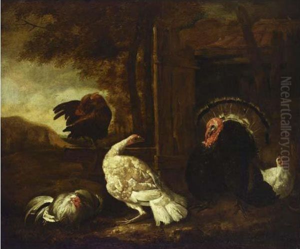 Landscape With Chickens, Turkey And A Rabbit Oil Painting by Abraham I De Haen