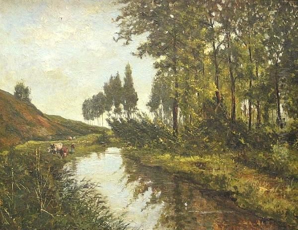 A River Landscape With Cattle Watering Oil Painting by Jean De Haen