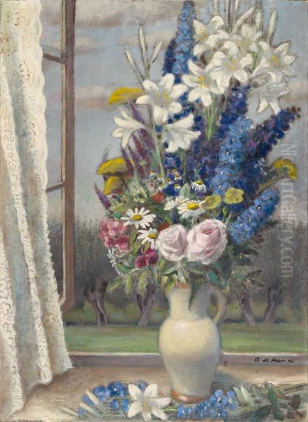 Stilleben Mit Lilien Und Rittersporn Oil Painting by Adolf De Haer