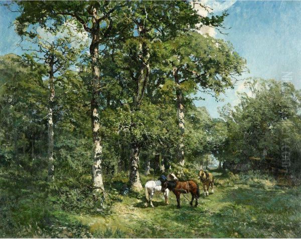 Horses In The Forest Oil Painting by Godefroy de Hagemann