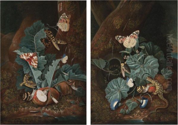 A Forest Floor With A Lizard, A Painted Lady Butterfly, A Snake, Morning Glory And Fungi;
 A Forest Floor With A Lizard, A Red Tiger Moth, A Snake, Thistles, Convolvulus And Fungi Oil Painting by Carl Wilhelm de Hamilton