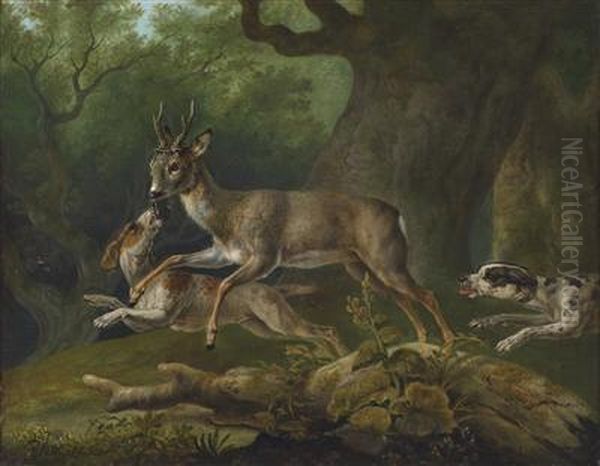 A Roe Buck Chased By Hounds Oil Painting by Ferdinand Phillip de Hamilton