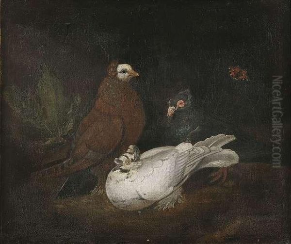 Doves With A Peacock Moth. Oil Painting by Ferdinand Phillip de Hamilton