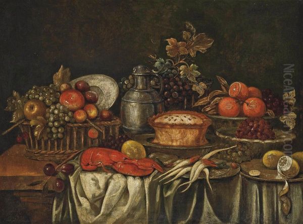 Plums And Fruit In A Basket, A Lobster, Lemons, Oranges, Grapes, A Jug And A Pie On A Partially Draped Table Oil Painting by Cornelis De Heem