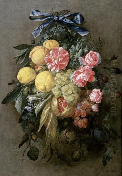 Arrangement Of Hanging Flowers With Fruits On A Blue Ribbon Oil Painting by Cornelis De Heem