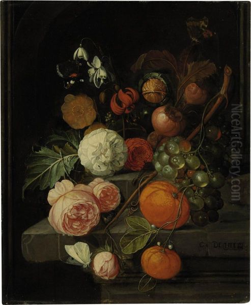 Roses, Lillies, Grapes, Oranges And Horse Chestnuts Oil Painting by David Cornelisz. de Heem