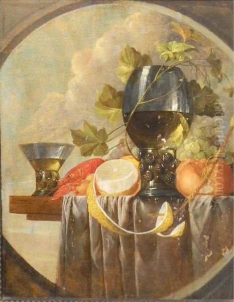 Still Life With Roemer, Lobster, Bread, Grapes And Lemons On A Table Top Oil Painting by David Cornelisz. de Heem