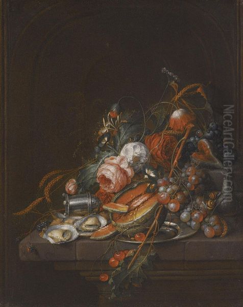 A Still Life Of Oysters, Grapes, Cherries, Roses, Corn, Snails, A Melon And A Silver Sugar Shaker On A Stone Plinth Oil Painting by David Cornelisz. de Heem