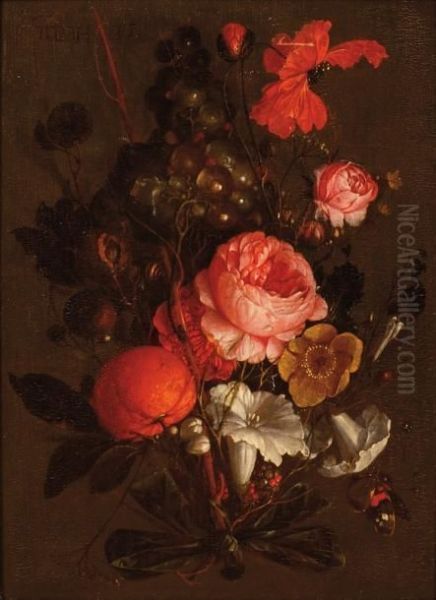 Bouquet De Fleurs Noue Avec Clementineet Grappe De Raisins Oil Painting by David Cornelisz. de Heem