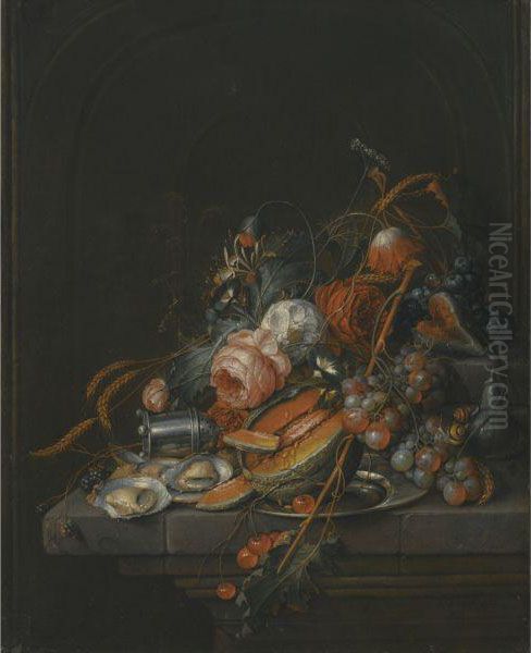 A Still Life Of Oysters, Grapes, Cherries, Roses, Corn, Snails, Amelon And A Silver Sugar Shaker On A Stone Plinth Oil Painting by David Cornelisz. de Heem