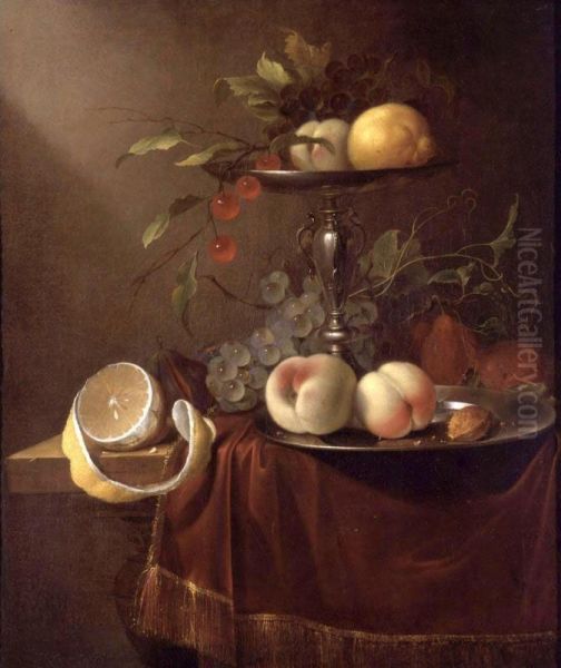 Still Life Of Peaches, Grapes And Cherries On A Silver Tazza, Together With Peaches On A Pewter Plate, A Lemon And Other Fruit All On A Draped Table Oil Painting by David Davidsz. De Heem