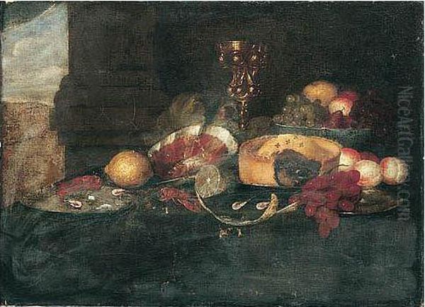 Still Life Of Fruit In A Blue-and-white Porcelain Bowl, Grapes, Peaches, A Pie, Peeled And Whole Lemons On Pewter Plates, Shrimp, A Ham, And An Ormolu Tazza Behind, All Set Upon A Table Oil Painting by David Davidsz. De Heem