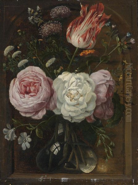 Flower Still Life With A Tulip And Roses In A Glass Vase Oil Painting by Jan Davidsz De Heem