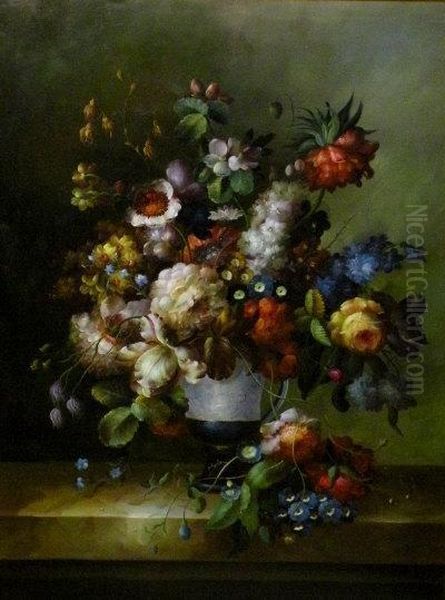 Flowers In An Urn On A Marble Ledge Oil Painting by Jan Davidsz De Heem