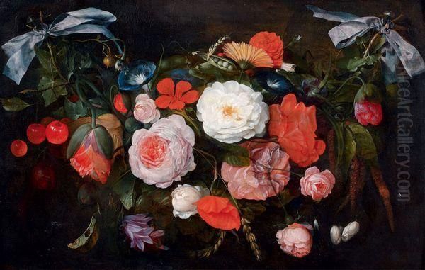 Guirlande De Roses, Belle De Jour, Pavots Et Autres Fleurs Avec Des Cerises Et Du Froment Oil Painting by Jan Davidsz De Heem