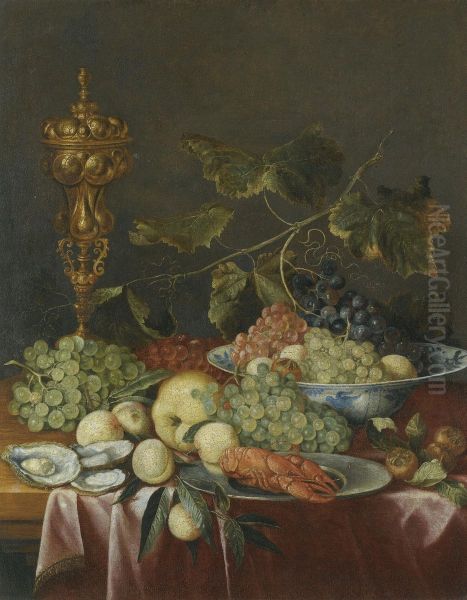 A Still Life Of Fruit, Nuts And Oysters With A Delftware Bowl, A Gilt Cup And A Crayfish On A Pewter Plate, All On A Table Partially Draped With A Red Cloth Oil Painting by Jan Davidsz De Heem