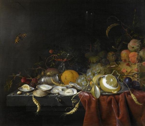 Still Life With Fruits And Oysters On A Table. Oil Painting by Jan Jansz de Heem