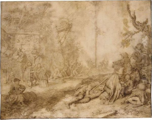 Village Scene With Gypsies And Peasants, And Figures Dancing Around A May Pole Oil Painting by Gerrit Adriaensz. De Heer