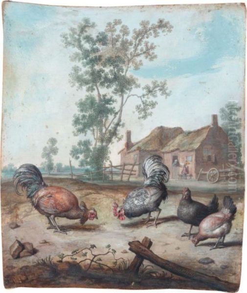 Cockerels And Chickens In A Farmyard Oil Painting by Margaretha De Heer