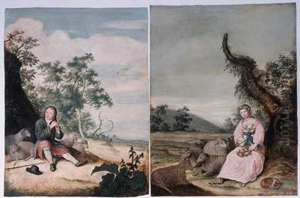 A Pastoral Portrait Of A Young Man As A Shepherd Playing A Flute;and A Pastoral Portrait Of A Young Woman As A Shepherdess, Holdinga Letter And A Floral Wreath, Her Dog Nearby Oil Painting by Willem De Heer