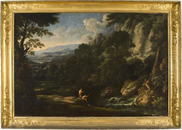 Paesaggio Con Cascata E Pescatori Oil Painting by Jacob De Heusch