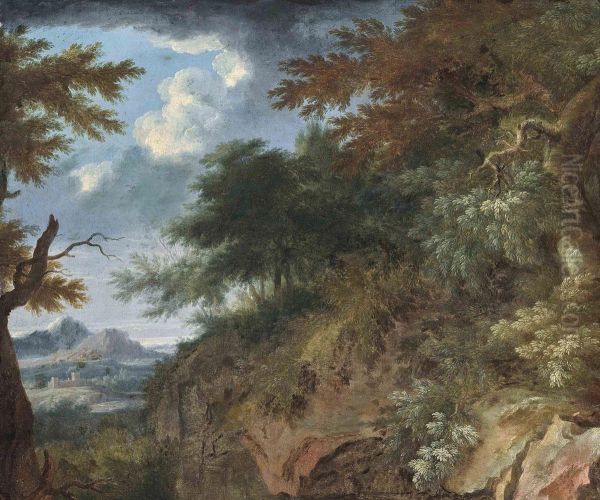 A Wooded Landscape With A Fortified Town And Mountains Beyond Oil Painting by Jacob De Heusch