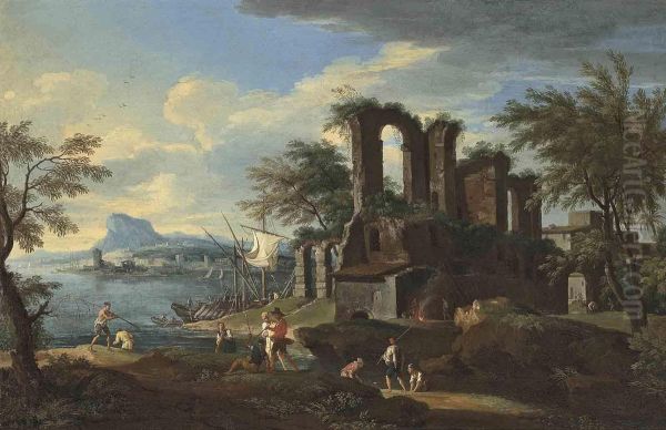 A Coastal Landscape With Fishermen On The Shore Near Classicalruins, A Mountain Range Beyond Oil Painting by Jacob De Heusch