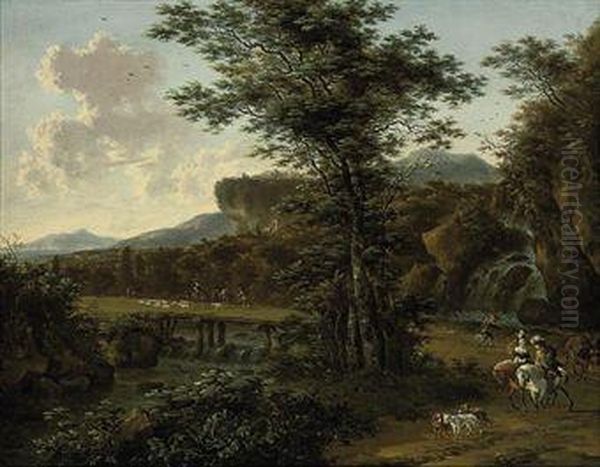 A River Landscape With Travellers On A Track Near A Waterfall Oil Painting by Willem de Heusch