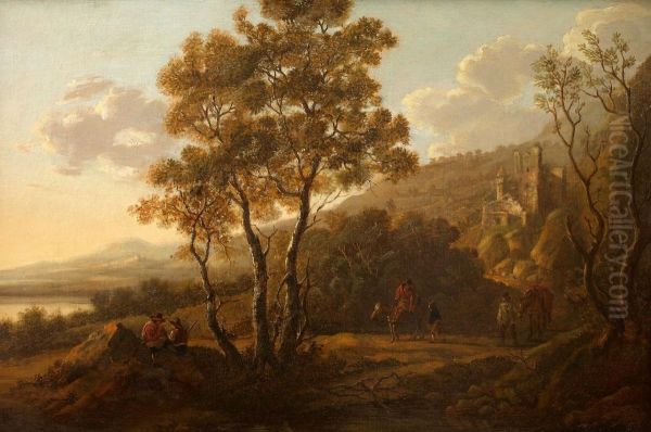 Bewaldete Landschaft Mit Burgruine Und Reitern Oil Painting by Willem de Heusch