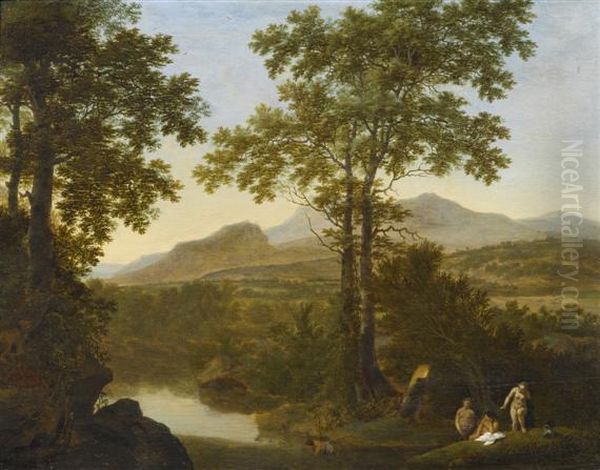 Italian Landscape With Tall Trees And Bathing Nymphsin The River Oil Painting by Willem de Heusch