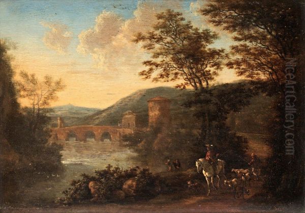 Italiserande Landskap Med Resande Sallskap Och Boskap Oil Painting by Willem de Heusch