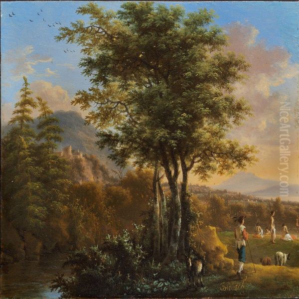 Pastoral With Goat Shepherds And Bathers At A River Oil Painting by Willem de Heusch