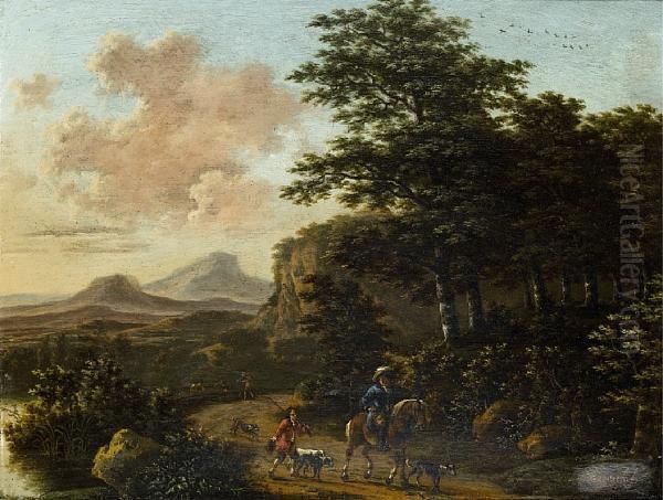 A Wooded Landscape With A Huntsman And His Dogs On A Country Path Oil Painting by Willem de Heusch