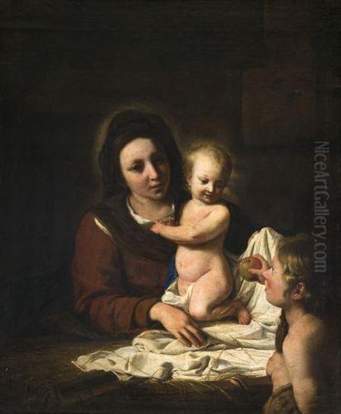 Vierge A L'enfant Avec Saint Jean-baptiste Offrant Une Pomme Oil Painting by Nicolas De Hoey