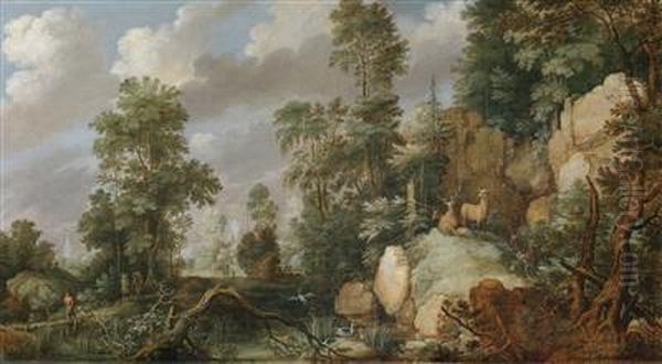 A Landscape With A Stag Hunt Oil Painting by Gillis Claesz De Hondecoeter