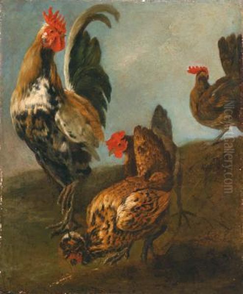 Paesaggio Con Un Gallo E Tre Galline Oil Painting by Gijsbert Gillisz. de Hondecoeter