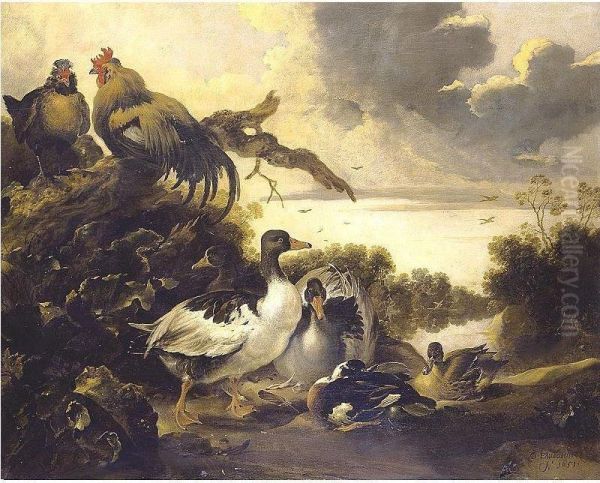 Fowl On A Riverbank Oil Painting by Gijsbert Gillisz. de Hondecoeter