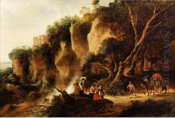 Felsige Landschaft Mit Wasserfall, Einer Rastenden Gruppe Und Zwei Ziehenden Bauern Oil Painting by Gijsbert Gillisz. de Hondecoeter