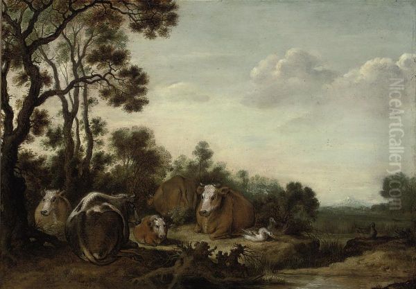 A Wooded Landscape With Cattle Grazing On A Bank Oil Painting by Gijsbert Gillisz. de Hondecoeter